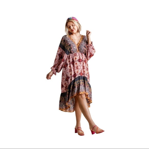 CLEARANCE- XL Umgee Boho Gypsy Multi-Print Midi Dress - Picture 4 of 5